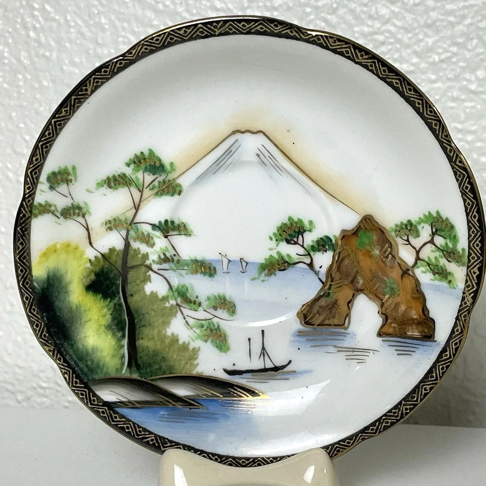 Vintage 1950s Japan Hand Painted Porcelain Teacup Saucer Japanese Design 5 oz